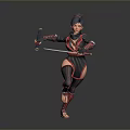 Woman in red black outfit holding two swords with dark hair in dynamic fighting stance
