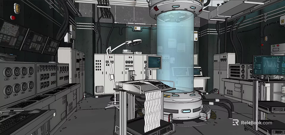 Research Laboratory Featuring High Tech Control Panels Cylindrical Vessel And Monitoring Displays 3d model 