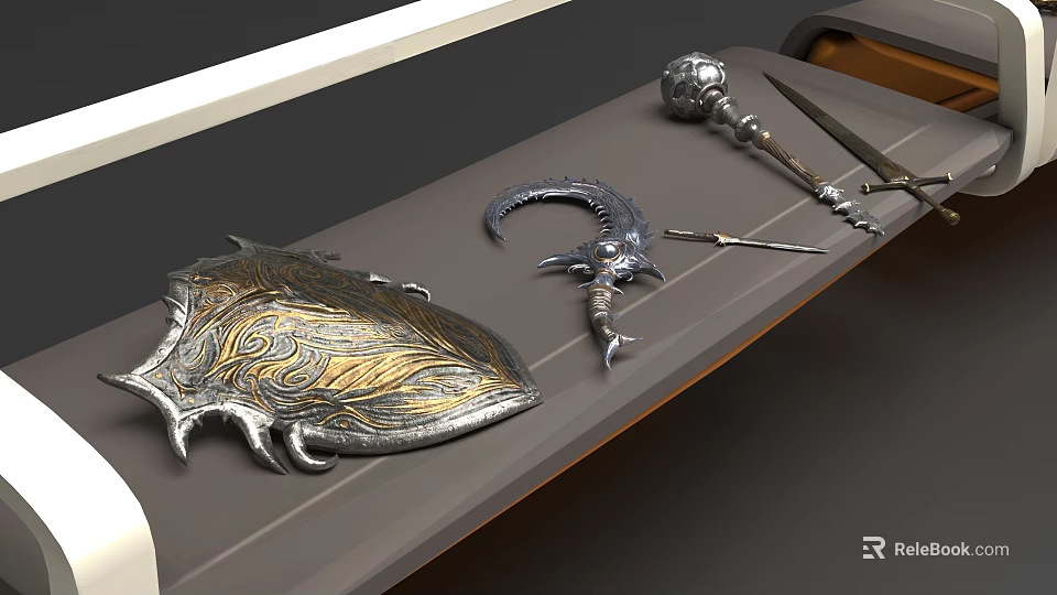 Ancient Weapon Collection Featuring Shield Curved Blade Polearm And Swords With Golden Patterns On Table 3d model 