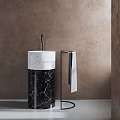 Modern Washbasin with White and Black Marble Stand and Towel Rack on Brown Wall