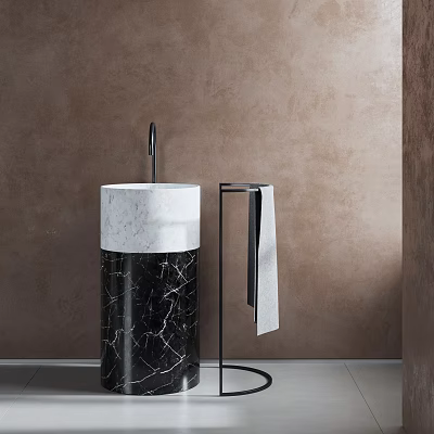 Modern Washbasin with White and Black Marble Stand and Towel Rack on Brown Wall 3d model