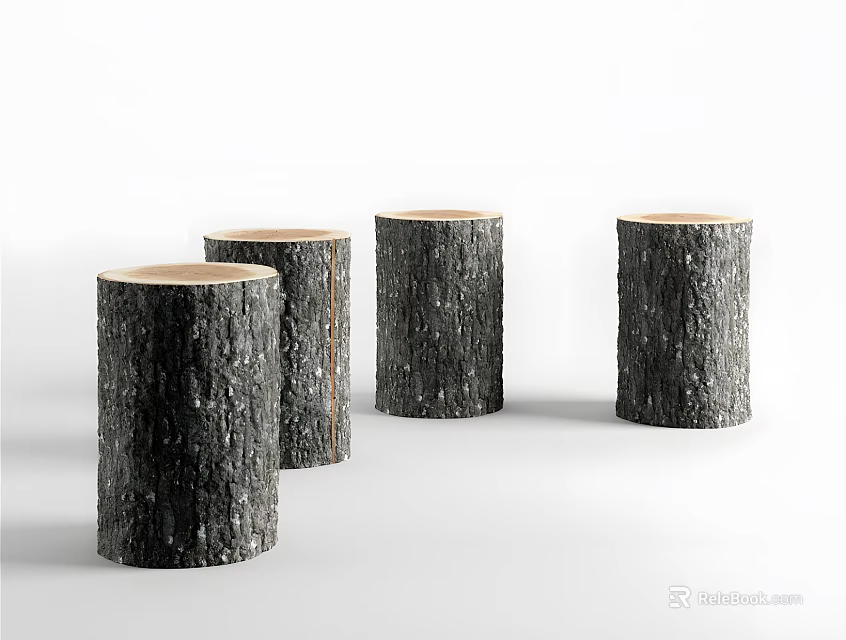 Four Natural Tree Stumps With Bark Texture And Smooth Light Colored Tops On White Background 3d model 