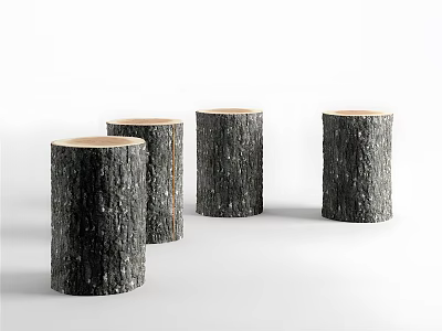Four Natural Tree Stumps With Bark Texture And Smooth Light Colored Tops On White Background 3d model