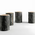 Four Natural Tree Stumps With Bark Texture And Smooth Light Colored Tops On White Background