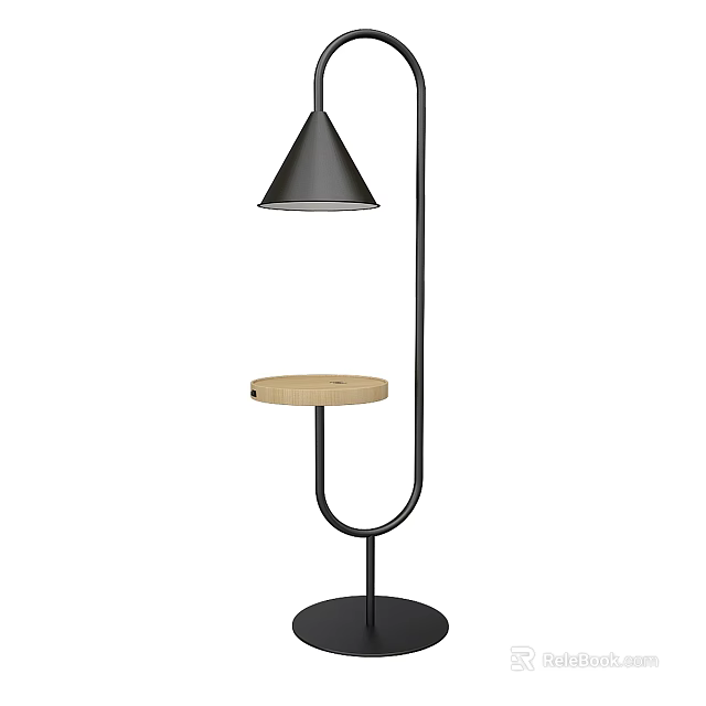Modern Floor Lamp With Wooden Side Table And Black Structure 3d model