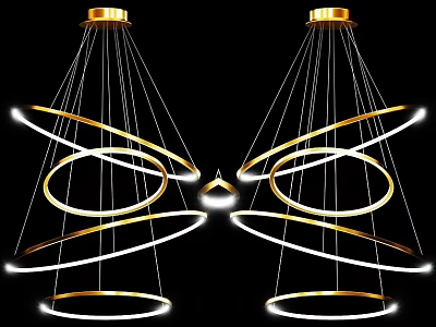Modern Gold And White Ring Shaped Chandeliers With Hanging Illuminated Rings 3d model