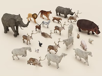 Deer sheep rhinoceros tiger rabbit pig box horse cat dog elephant leopard lion 3d model