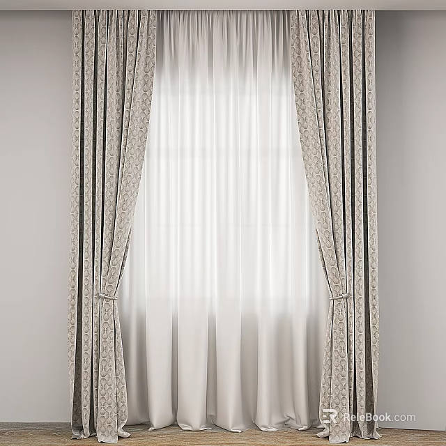 Elegant Patterned Striped Curtains With Sheer White Layers Tied Back At Window Interior 3d model 