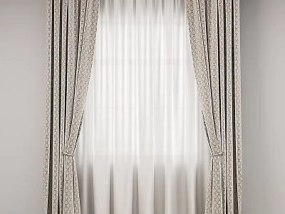 Elegant Patterned Striped Curtains With Sheer White Layers Tied Back At Window Interior 3d model