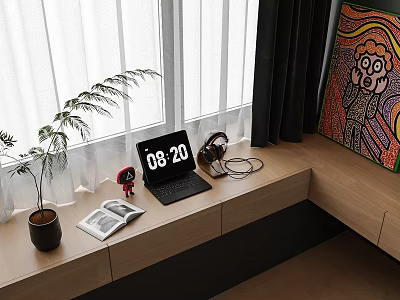 Desk By Window With White Black Curtains Laptop Headphones Clock Green Plant And Colorful Painting 3d model