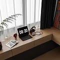 Desk By Window With White Black Curtains Laptop Headphones Clock Green Plant And Colorful Painting