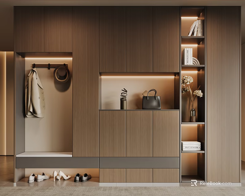 Modern Luxury Wooden Shoe Cabinet With Clothing Hanging Area Shoe Changing Stool And Storage Compartments 3d model 
