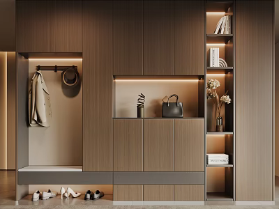 Modern Luxury Wooden Shoe Cabinet With Clothing Hanging Area Shoe Changing Stool And Storage Compartments 3d model