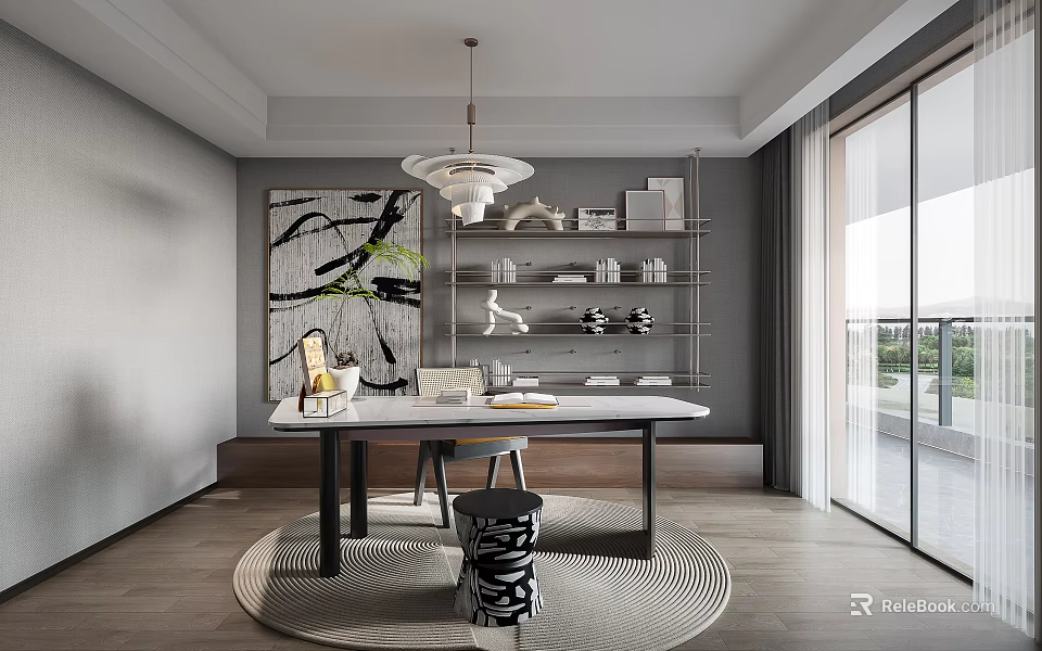 Modern Study Room Interior With Desk Shelves And Art Decor 3d model 