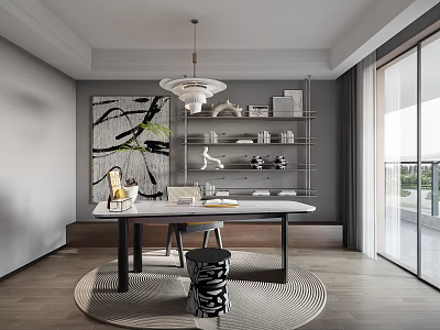 Modern Study Room Interior With Desk Shelves And Art Decor 3d model