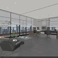 Modern Bright Executive Office With Floor To Ceiling Windows And Comfortable Lounge Overlooking City Skyline