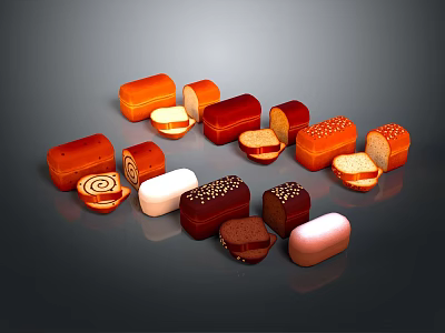 Assorted Bread Variety With Different Shapes Colors Sliced Pieces And Whole Loaves 3d model