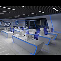Modern Control Room Setup With Multiple Screens Control Desks And Blue Lighting 3d model