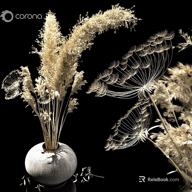 Light Toned Decorative Ornament Set With White Vase And Dried Flowers 3d model 