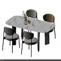 Modern Dining Table Set White Rectangular Top Gray Beige Chairs Black Legs Vase Plants Fruits 3d model
