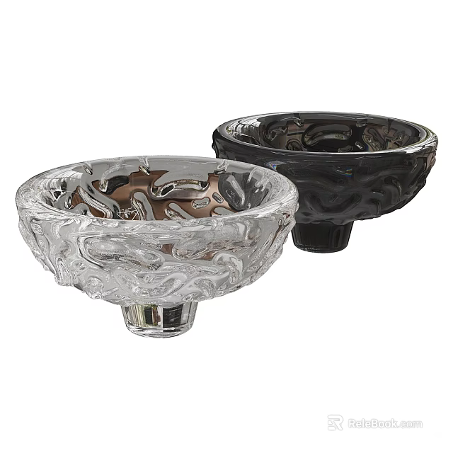 Transparent And Black Ceramic Bowls With Intricate Carved Patterns And Pedestal Base 3d model 