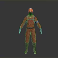 3D Model of Worker in Red Uniform With Orange Safety Helmet Standing Against Gray Background