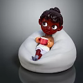Cartoon Girl With Curly Hair Sitting On White Bean Bag Chair Holding Red Cup