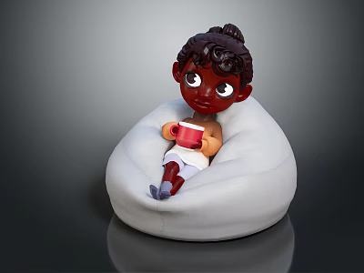 Cartoon Girl With Curly Hair Sitting On White Bean Bag Chair Holding Red Cup 3d model