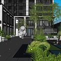 Modern Commercial Landscape With Glass Curtain Wall Building Greenery And Outdoor Space
