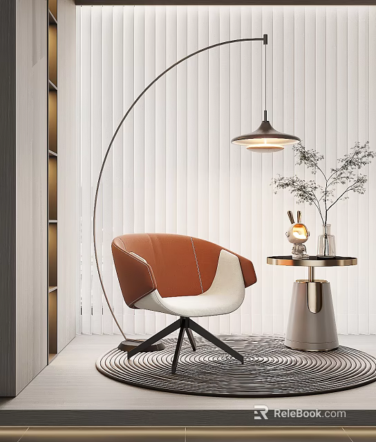 Modern Brown White Leisure Chair With Round Table Rabbit Ornament Plant Vase And Pendant Light 3d model 
