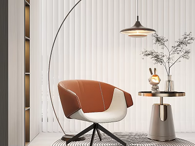 Modern Brown White Leisure Chair With Round Table Rabbit Ornament Plant Vase And Pendant Light 3d model