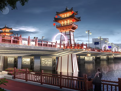 Traditional Chinese Style Bridge With Illuminated Towers Over Water And Decorative Railings 3d model