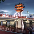 Traditional Chinese Style Bridge With Illuminated Towers Over Water And Decorative Railings