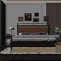 Double Bed with Black Frame and Orange Upholstered Headboard Wall Art Nightstand Lamp Flower Vase