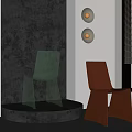 Stylish Leisure Chairs Transparent Glass And Brown Leather Design In Gray Wall With Circular Lights