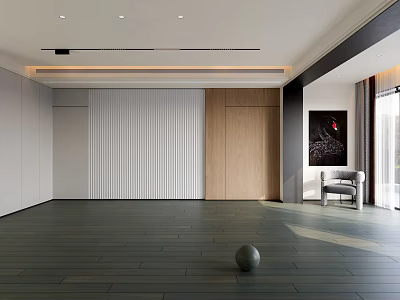 Modern Wood Floor Interior With White Walls Wooden Panels Artwork Chair And Natural Light 3d model