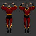 Two Muscular Characters in Red Black Yellow Costumes Flexing Muscles Front Back Views