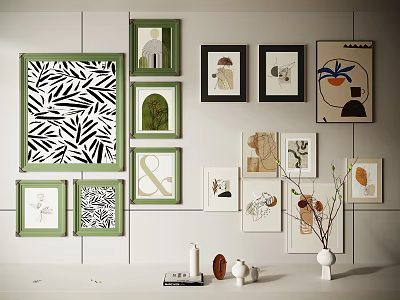 Stylish Wall Decor With Various Framed Art Green Black Beige Frames White Vase Flowers And Books 3d model