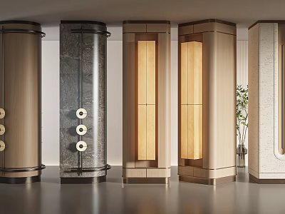Modern Exhibition Hall Decorative Columns With Wood Marble And Lighting Design 3d model