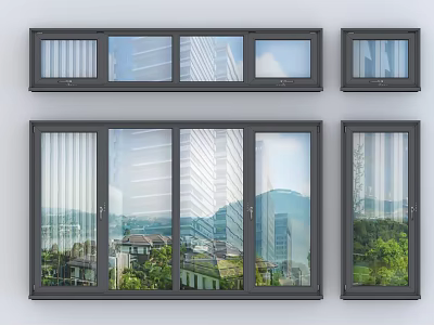 Modern Casement Windows With Black Frame Transparent Glass Showcasing City And Green Landscapes 3d model