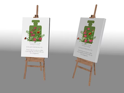 Two Wooden Easels Holding Paintings With Green Bottle Flowers And Proverb Text 3d model