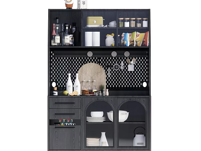 Modern Black Sideboard With Mesh Design Storage Cabinets And Dinnerware 3d model