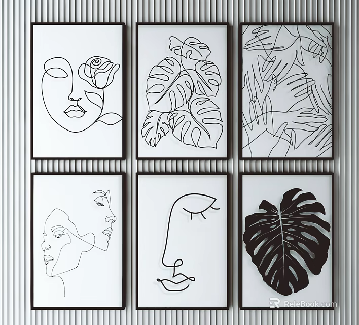 Black And White Line Art Wall Decor With Abstract Faces Roses And Leaf Illustrations 3d model 