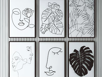 Black And White Line Art Wall Decor With Abstract Faces Roses And Leaf Illustrations 3d model