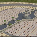 Garden Ornaments With Multi Tiered Fountain Curved Water Pool Circular Stone Pedestals And Checkerboard Paving