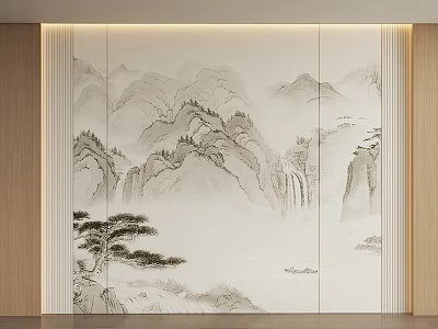 Elegant Chinese Background Wall With Traditional Ink Landscape Painting Pine And Waterfall 3d model