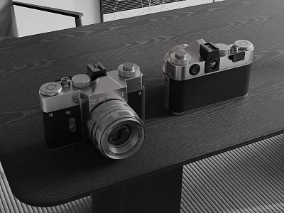 Vintage Style Cameras Placed On Dark Wooden Table 3d model