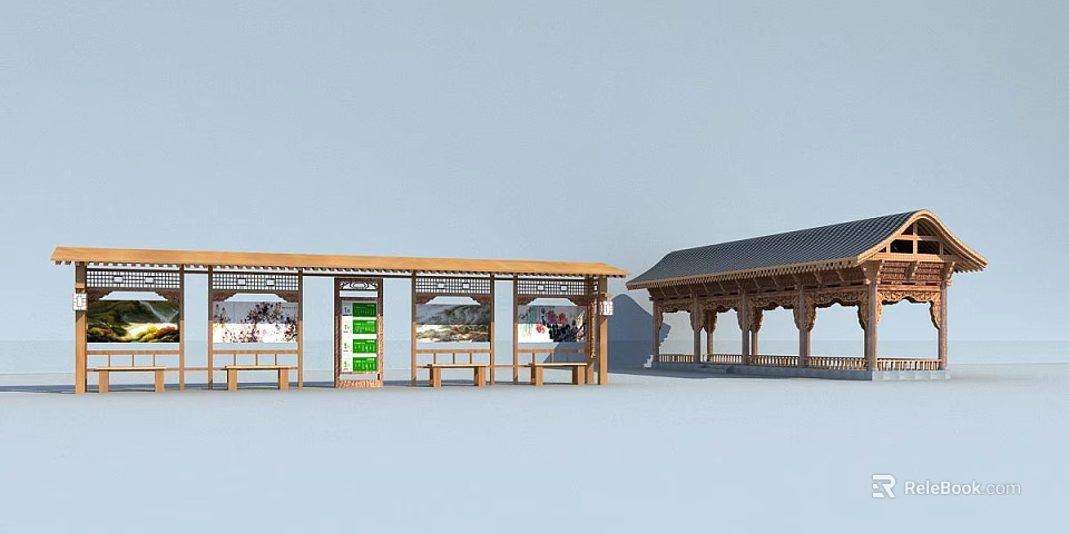 Traditional Wooden Bus Station Shelter With Roof Seats And Advertisement Billboards 3d model 