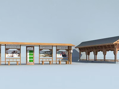 Traditional Wooden Bus Station Shelter With Roof Seats And Advertisement Billboards 3d model