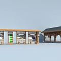 Traditional Wooden Bus Station Shelter With Roof Seats And Advertisement Billboards